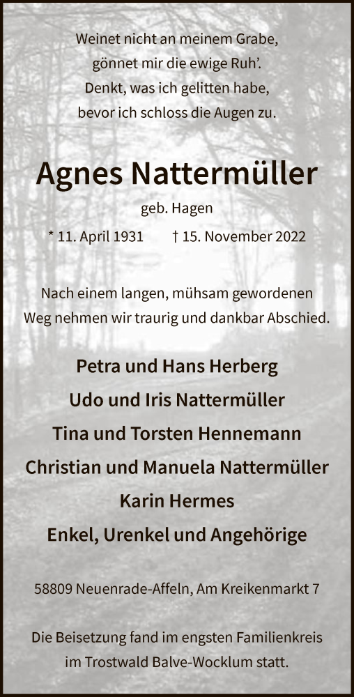 Todesanzeige von Agnes Nattermüller von WA