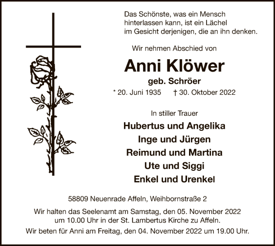 Todesanzeige von Anni Klöwer von WA