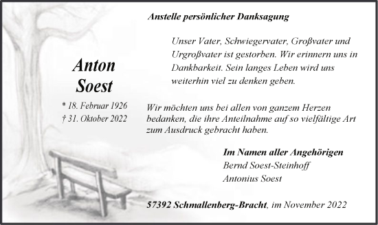 Todesanzeige von Anton Soest von WA