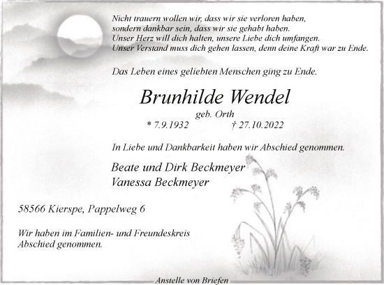 Todesanzeige von Brunhilde Wendel von WA