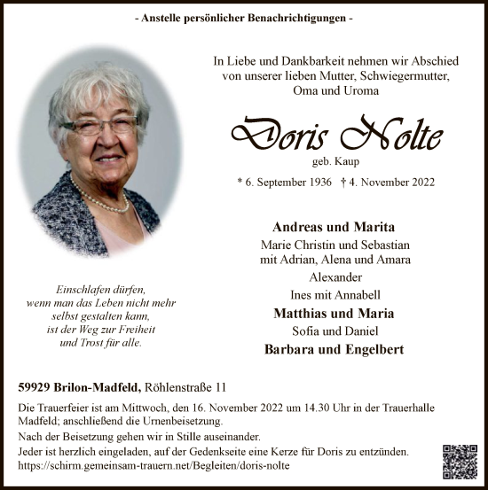 Todesanzeige von Doris Holte von WA