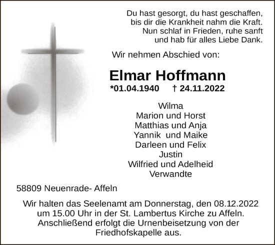 Todesanzeige von Elmar Hoffmann von WA