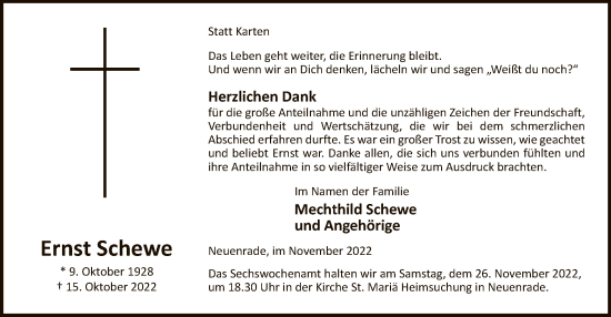 Todesanzeige von Ernst Schewe von WA