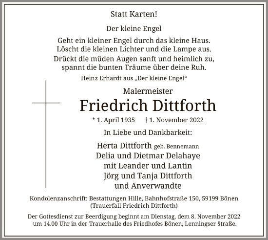 Todesanzeige von Friedrich Dittforth von WA