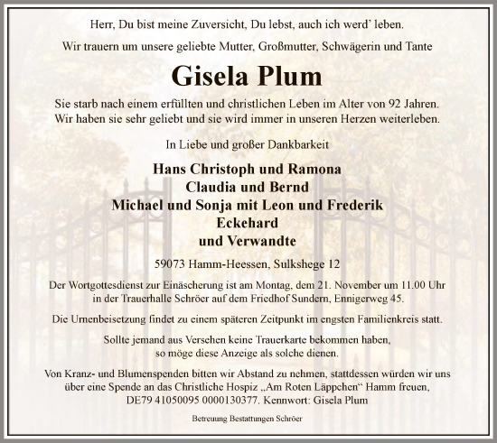 Todesanzeige von Gisela Plum von WA