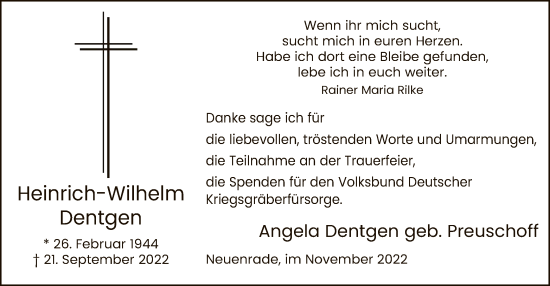 Todesanzeige von Heinrich-Wilhelm Dentgen von WA