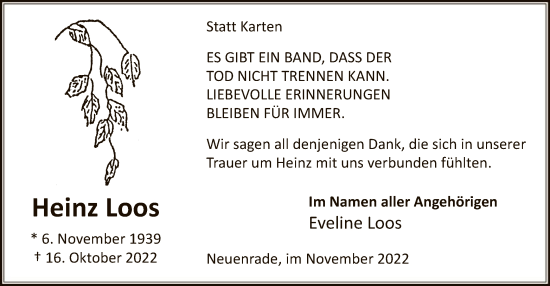 Todesanzeige von Heinz Loos von WA
