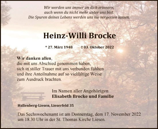 Todesanzeige von Heinz-Willi Brocke von WA