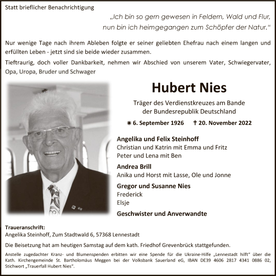 Todesanzeige von Hubert Nies von WA