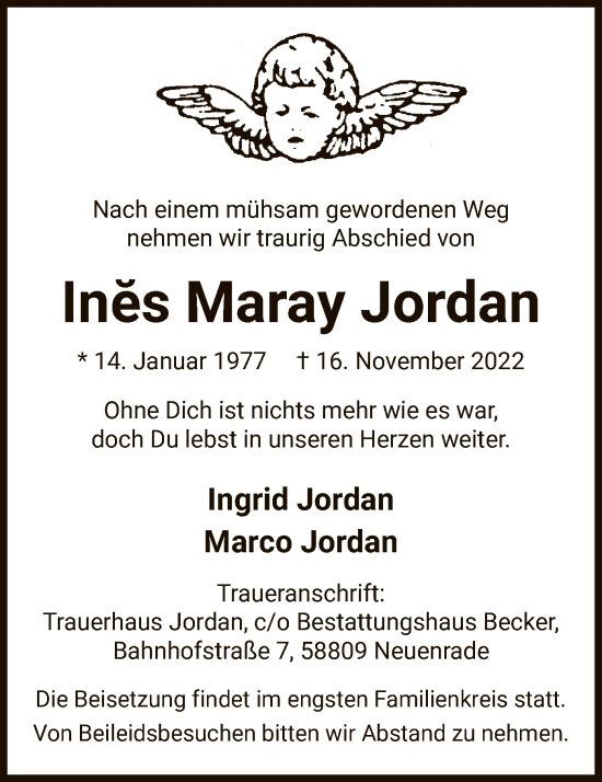 Todesanzeige von Ines Maray Jordan von WA