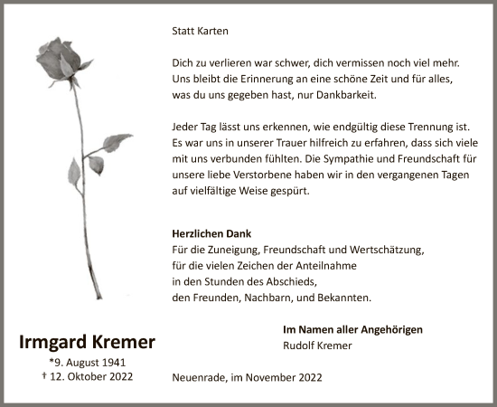 Todesanzeige von Irmgard Kremer von WA