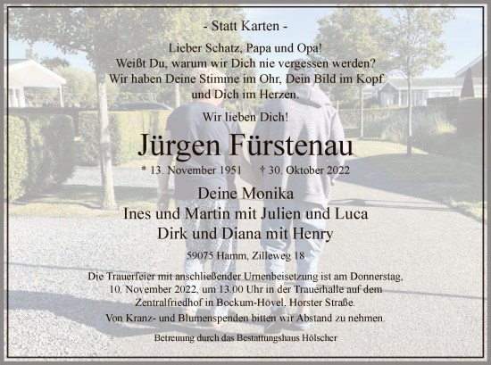Todesanzeige von Jürgen Fürstenau von WA