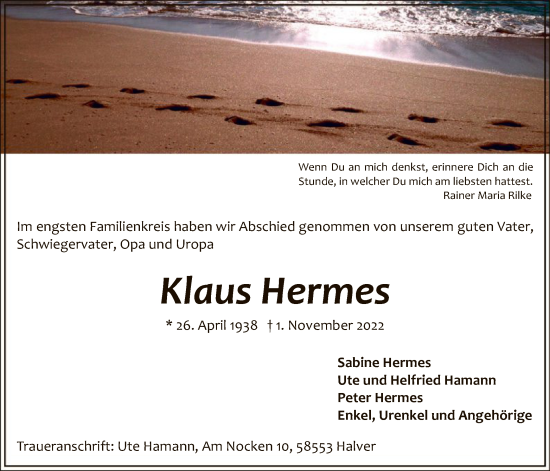 Todesanzeige von Klaus Hermes von WA