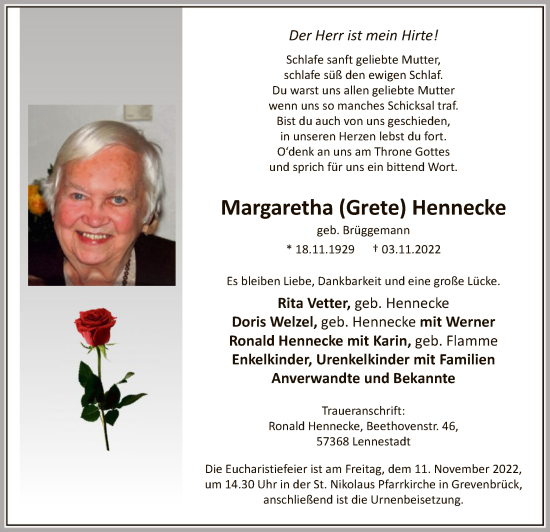 Todesanzeige von Margaretha Hennecke von WA