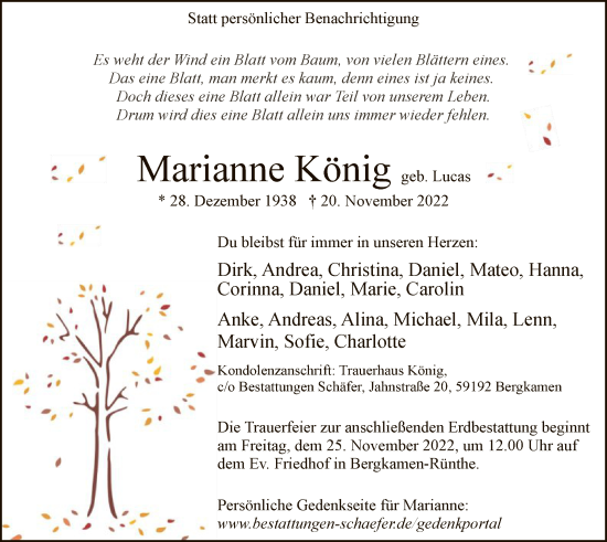 Todesanzeige von Marianne König von WA