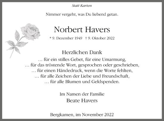 Todesanzeige von Norbert Havers von WA