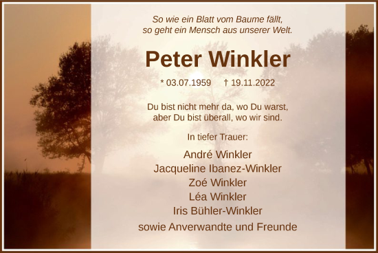 Todesanzeige von Peter Winkler von WA