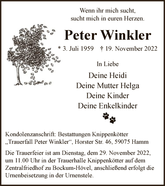 Todesanzeige von Peter Winkler von WA