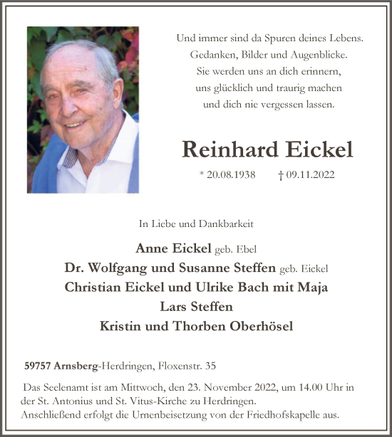 Todesanzeige von Reinhard Eickel von WA