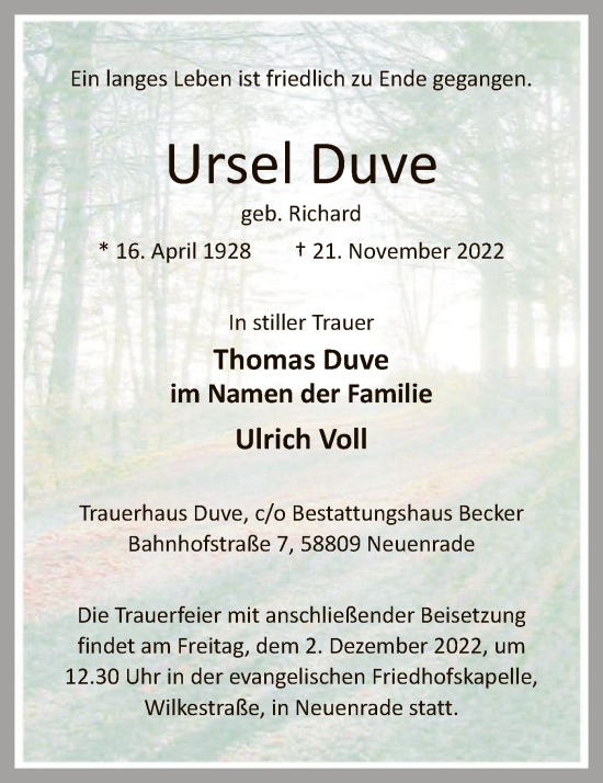 Todesanzeige von Ursel Duve von WA