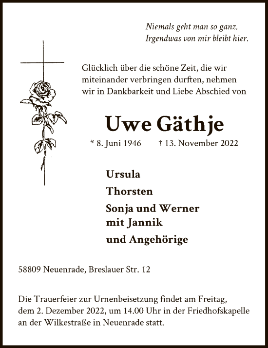 Todesanzeige von Uwe Gäthje von WA