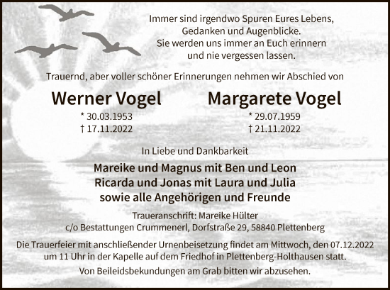 Todesanzeige von Werner und Margarete Vogel von WA