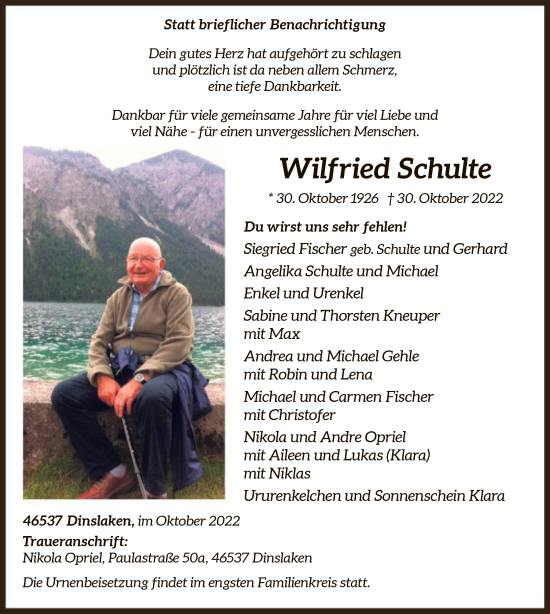 Todesanzeige von Wilfried Schulte von WA
