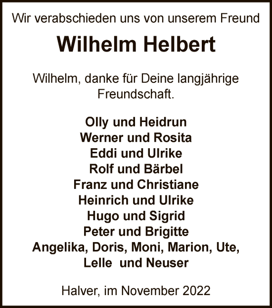 Todesanzeige von Wilhelm Helbert von WA