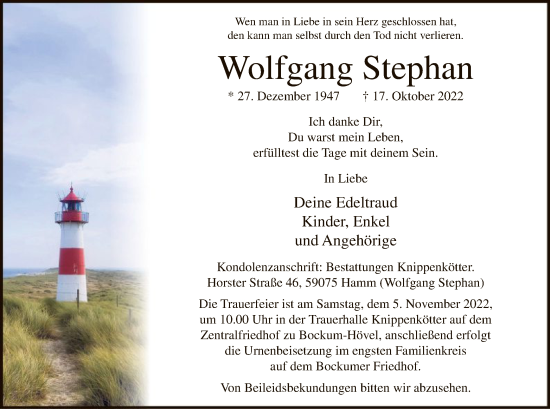 Todesanzeige von Wolfgang Stephan von WA