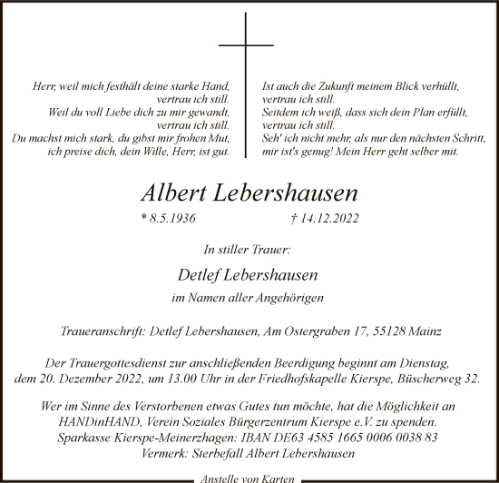Todesanzeige von Albert Lebershausen von WA