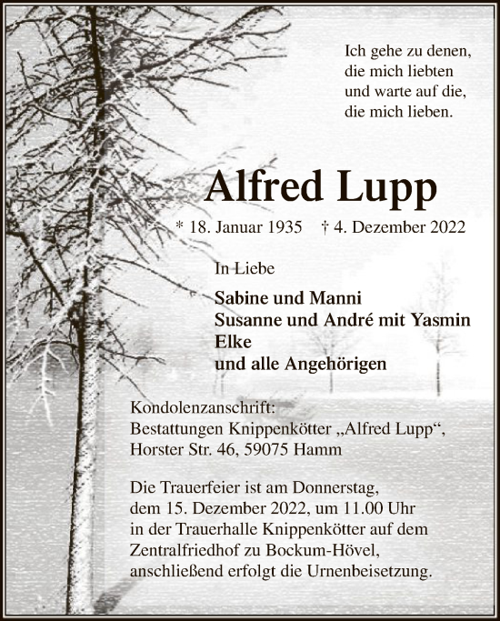 Todesanzeige von Alfred Lupp von WA