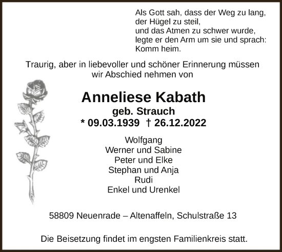 Todesanzeige von Anneliese Kabath von WA