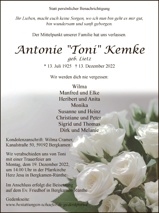 Todesanzeige von Antonie Kemke von WA