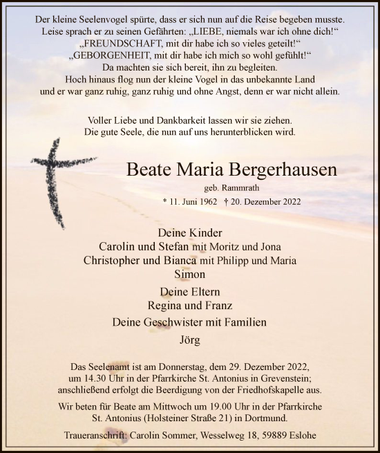 Todesanzeige von Beate Maria Bergerhausen von WA