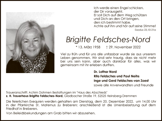 Todesanzeige von Brigitte Feldsches-Nord von WA