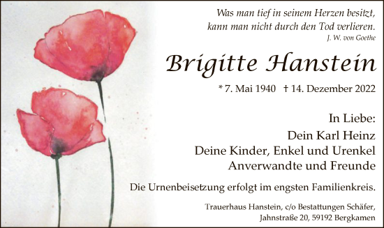Todesanzeige von Brigitte Hanstein von WA