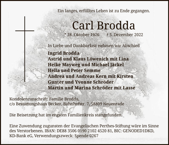 Todesanzeige von Carl Brodda von WA