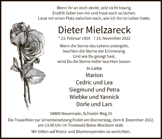 Todesanzeige von Dieter Mielzareck von WA