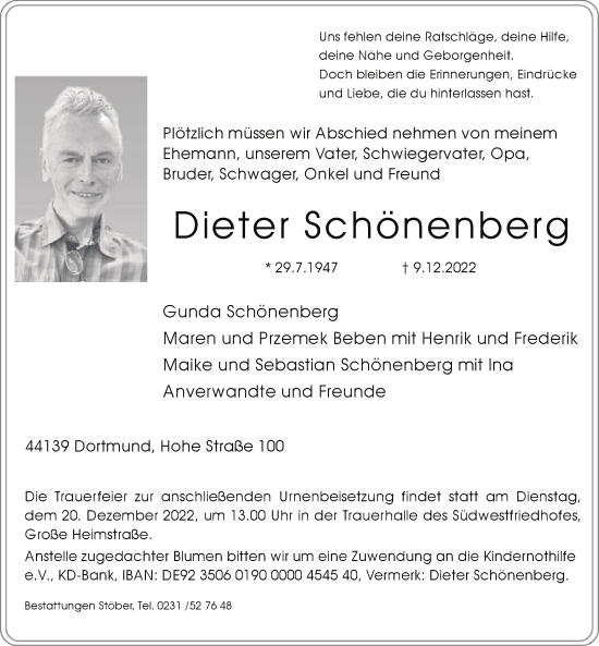 Todesanzeige von Dieter Schönenberg von WA