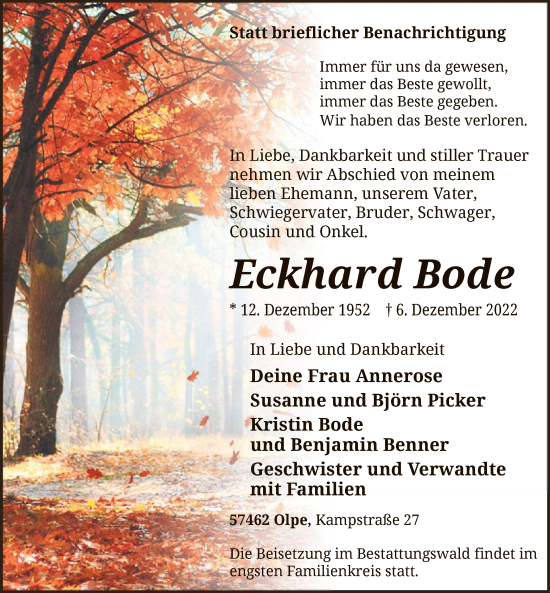 Todesanzeige von Eckhard Bode von WA