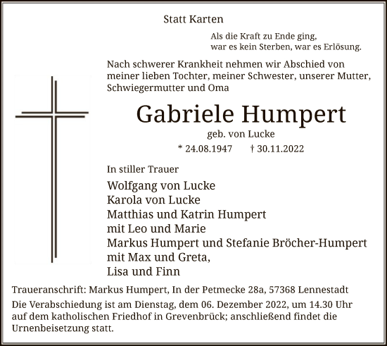 Todesanzeige von Gabriele Humpert von WA