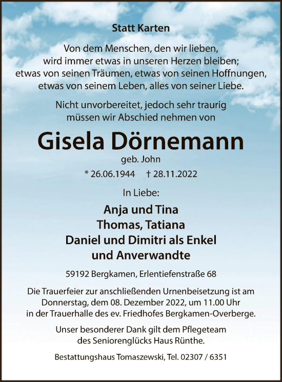 Todesanzeige von Gisela Dörnemann von WA