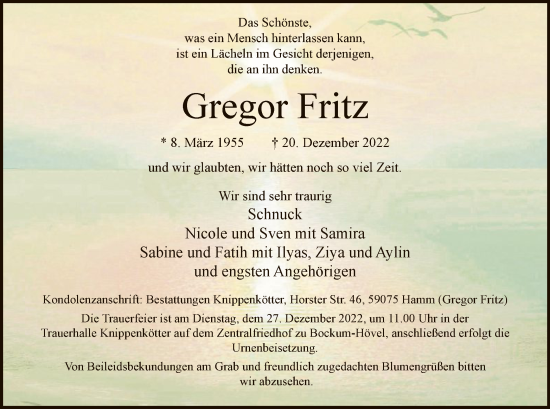 Todesanzeige von Gregor Fritz von WA