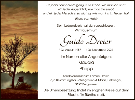Todesanzeige von Guido Dreier von WA