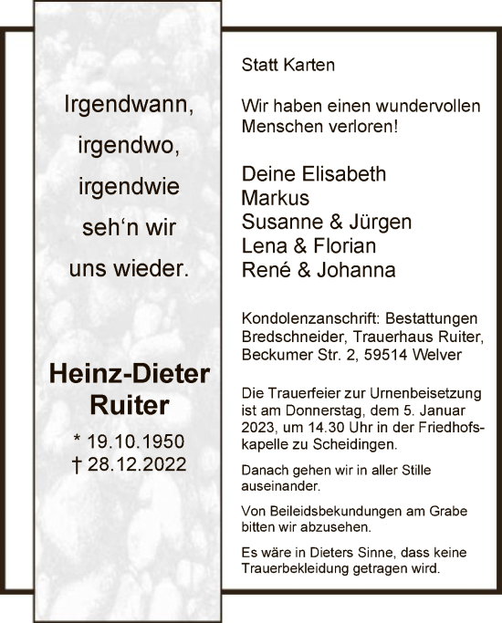 Todesanzeige von Heinz-Dieter Ruiter von WA