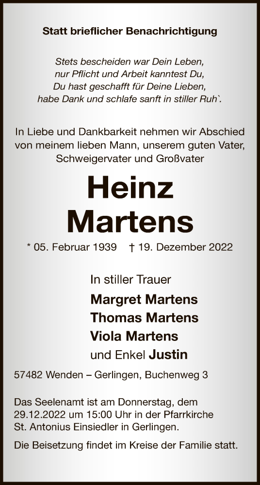 Todesanzeige von Heinz Martens von WA