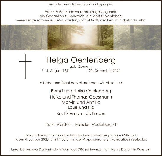 Todesanzeige von Helga Oehlenberg von WA