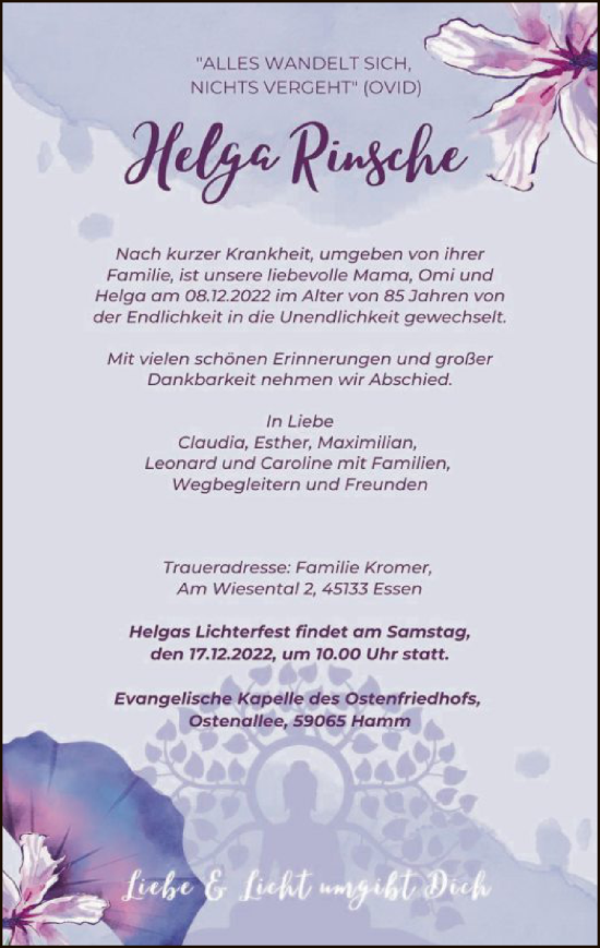 Todesanzeige von Helga Rinsche von WA