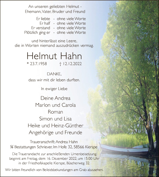 Todesanzeige von Helmut Hahn von WA