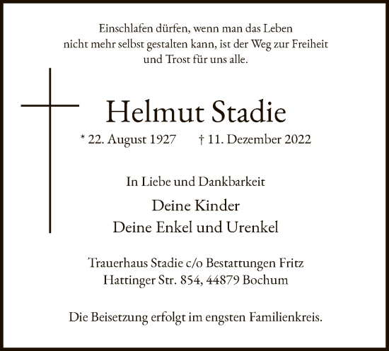 Todesanzeige von Helmut Stadie von WA